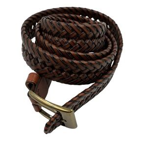 Mens Brown Woven Leather Belt Brass Buckle Size 44 110